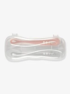 Lot De 2 Cuillères Ergonomiques D'apprentissage + Boîte De Transport BEABA Rose/gris - Beaba -Petite Vie Soldes lot de 2 cuilleres ergonomiques dapprentissage boite de transport beaba 1