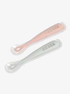Lot De 2 Cuillères Ergonomiques D'apprentissage + Boîte De Transport BEABA Rose/gris - Beaba -Petite Vie Soldes lot de 2 cuilleres ergonomiques dapprentissage boite de transport beaba 4